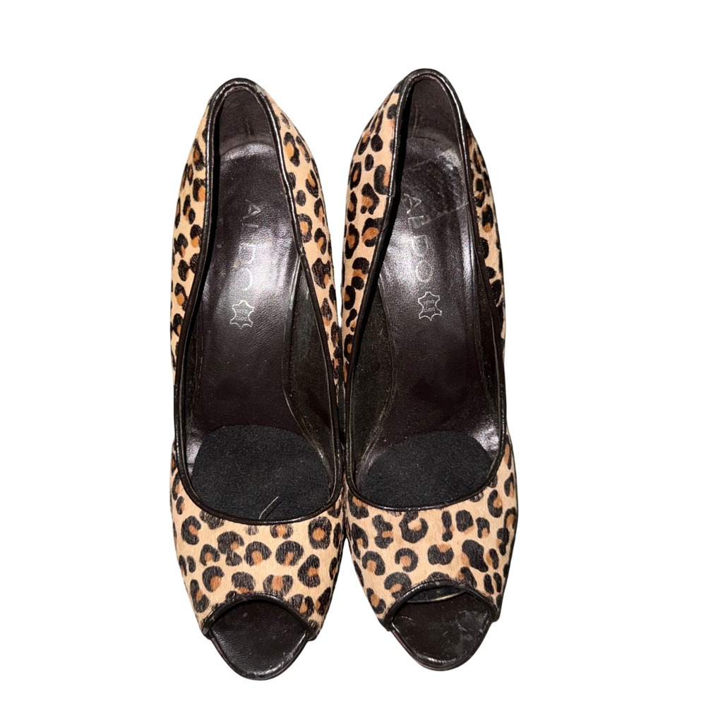 Aldo Heels 38 Brown Leopard Calf Hair Peep Toe Pump Mob Wife‎ Indie Sexy